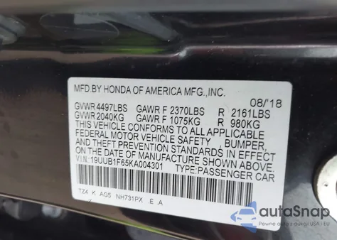 2019 Acura Tlx Tech A-Spec Pkgs from USA, damaged, VIN 19UUB1F65KA004301